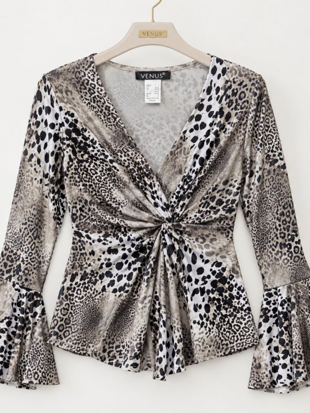 VENUS Womens XL Animal Print Wrap Top Bell Sleeve Tie Waist Blouse Leopard - Picture 2 of 9